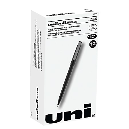 uni-ball® Rollerball™ Pens, Fine Point, 0.7 mm, 80% Recycled, Black Barrel, Black Ink, Pack Of 12 Pens
