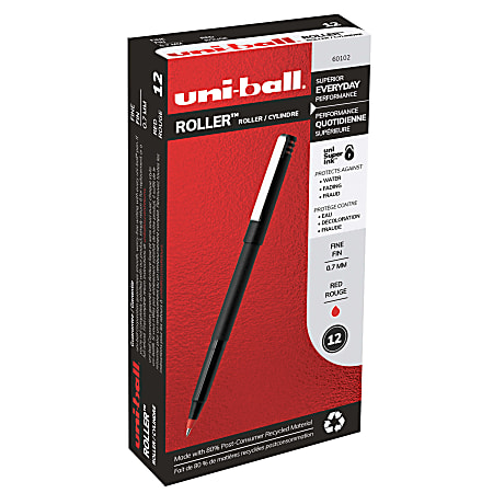 uni-ball® Rollerball™ Pens, Fine Point, 0.7 mm, 80% Recycled, Black Barrel, Red Ink, Pack Of 12 Pens