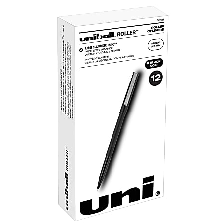 uni-ball® Rollerball™ Pens, Micro Point, 0.5 mm, 80% Recycled, Black Barrel, Black Ink, Pack Of 12 Pens