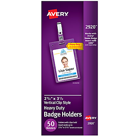 Avery® Secure Top Badge Holders, For 3-1/2" x 2-1/4" Badge, Portrait With Clip, Clear, Box Of 50