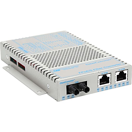 Omnitron OmniConverter 10/100 PoE Ethernet Fiber Media Converter Switch RJ45 ST Single-Mode 30km Wide Temp - 2 x 10/100BASE-TX; 1 x 100BASE-FX; US AC Powered; Lifetime Warranty