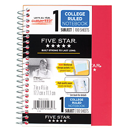 Five Star® Notebook, 5" x 7", 1 Subject, College Ruled, 100 Sheets, Assorted Colors (No Choice)