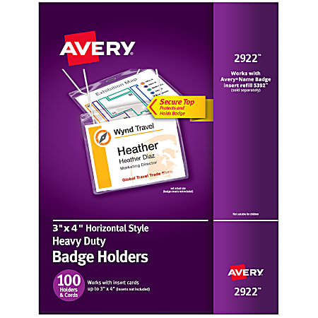Avery® Secure Top Badge Holders, For 3" x 4" Badge, Landscape With Lanyard, Clear, Box Of 100