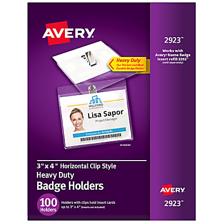 Avery® Heavy Duty Horizontal ID Badge Holders With Clips, 3" x 4", Clear, Box Of 100