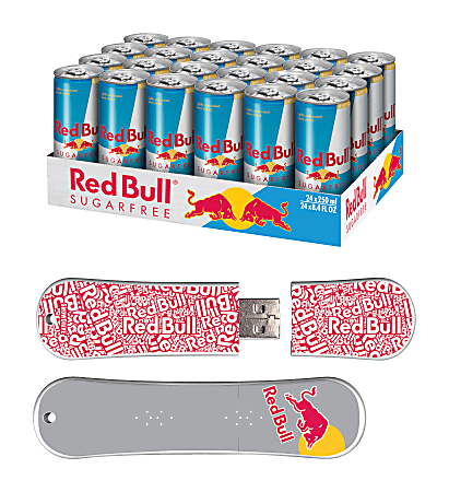 Red Bull Sugarfree Energy Drink With 8GB Red Text USB SnowDrive, 8.4 Oz, Pack Of 24