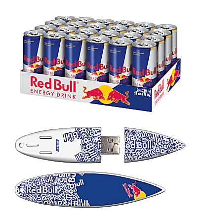 Red Bull Sugarfree Energy Drink With 8GB USB Flash Drive, Blue Text SurfDrive, 8.4 Oz, Pack Of 24 Drinks