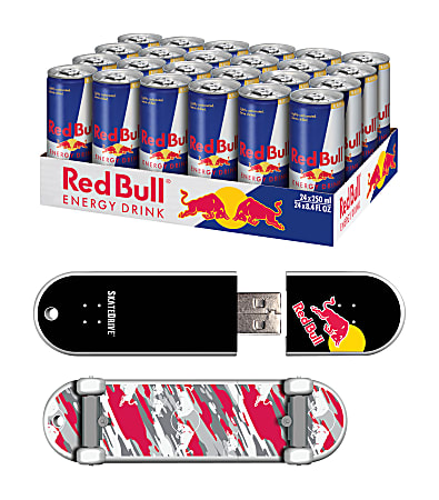 Red Bull Sugarfree Energy Drink With 8GB USB Flash Drive, Red Camo SkateDrive, 8.4 Oz, Pack Of 24 Drinks