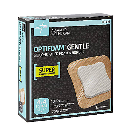 Medline Optifoam® Gentle Silicone-Faced Foam & Border Dressings, 4" x 4", Natural, Case Of 100