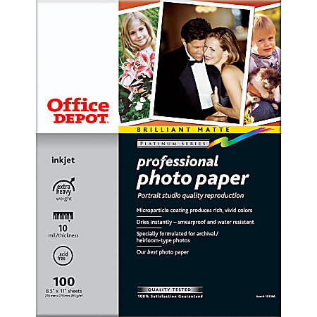 Office Depot® Brand Professional Photo Paper, Semi-Gloss, 8 1/2" x 11", 10.5 Mil, Pack Of 100 Sheets