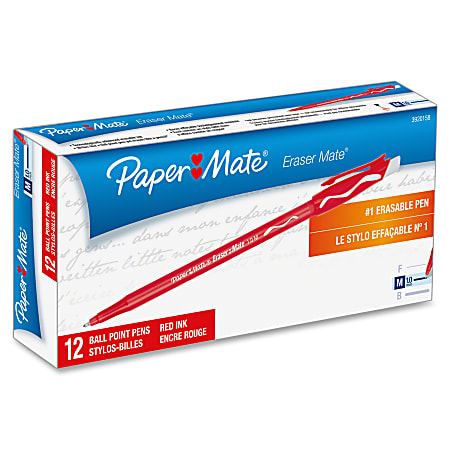 Paper Mate® Erasermate Ballpoint Pens, Medium Point, 1.0 mm, Red Barrel, Red Ink, Pack Of 12 Pens