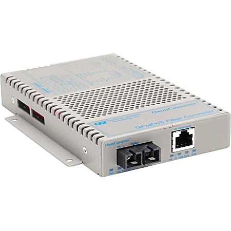 Omnitron OmniConverter 10/100/1000 PoE+ Gigabit Ethernet Fiber Media Converter Switch RJ45 SC Multimode 550m Wide Temp - 1 x 10/100/1000BASE-T; 1 x 1000BASE-SX; US AC Powered; Lifetime Warranty
