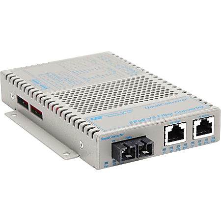 Omnitron OmniConverter 10/100 PoE+ Ethernet Fiber Media Converter Switch RJ45 SC Multimode 5km Wide Temp - 2 x 10/100BASE-TX; 1 x 100BASE-FX; US AC Powered; Lifetime Warranty