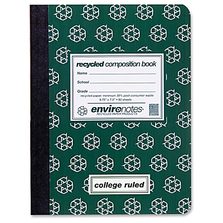 Roaring Spring Environotes Recycled Composition Book - 80 Sheets - Sewn/Tapebound - Ruled - 9 3/4" x 7 1/2" - Green Cover - Hard Cover - Recycled - 1Each