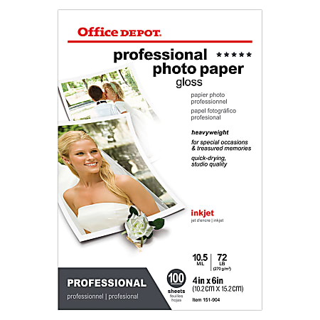 Office Depot® Professional Photo Paper, Gloss, 4" x 6", 10.5 Mil, Pack Of 100 Sheets