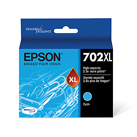 Epson® 702XL DuraBrite® Cyan Ultra-High-Yield Ink Cartridge, T702XL220-S
