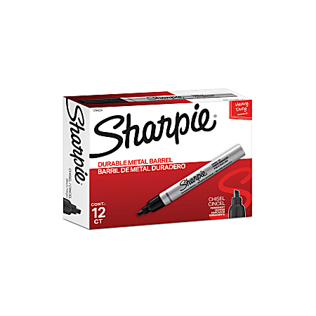 Sharpie® Metal Barrel Chisel Permanent Markers, Black Ink, Pack Of 12 Markers