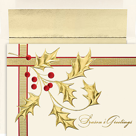 Great Papers! Holiday Greeting Cards With Envelopes, 7 7/8" x 5 5/8", Gold Holly Branch, Pack Of 16