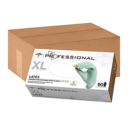 Medline Professional Powder-Free Latex Exam Gloves, X-Large, Green, 90 Gloves Per Box, Case Of 10 Boxes