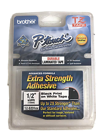 Brother® TZe-S231CS Black-On-White Extra-Strength Tape, 0.5" x 26.2'