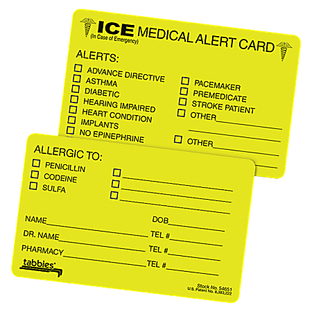 Tabbies® Emergency Information Cards, ICE, Fluorescent Yellow, Pack of 25