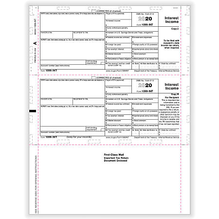 ComplyRight™ 1099-INT Tax Forms, Pressure Seal, Copy B, Z-Fold Simplex, Laser, 11", Pack Of 500 Forms