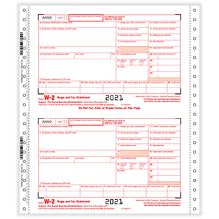 ComplyRight™ W-2 Tax Forms, 6-Part, 2-Up, Employer's Copies A, 1/D, B, C, 2, 1/D, 1-Wide, Continuous, 9" x 11", Pack Of 24 Forms