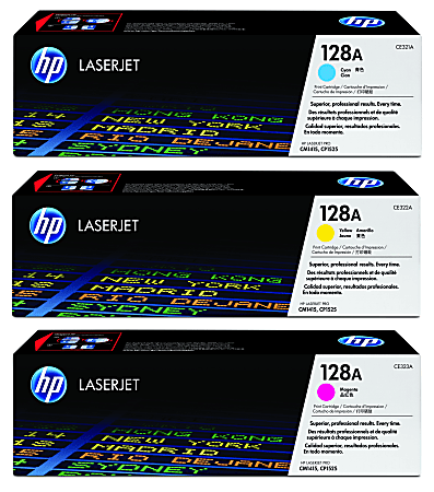 HP 128A Cyan, Magenta, Yellow Toner Cartridges Combo, Set Of 3, CE321A,CE322A,CE323A