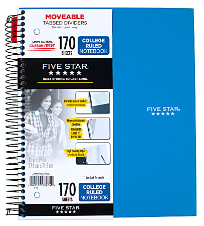 Five Star® Feature-Rich Notebook, 8 1/2" x 11", 3 Subjects, College Ruled, 170 Sheets, Assorted Colors (No Color Choice)