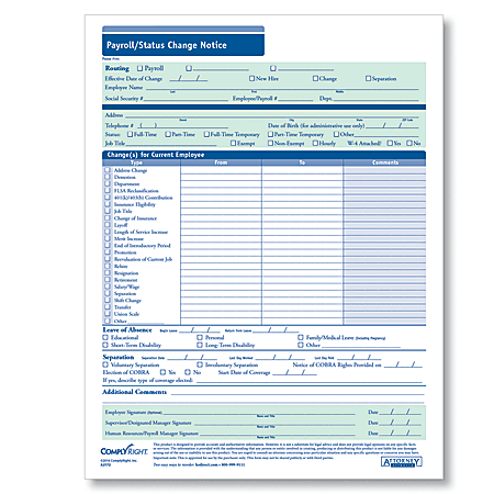 ComplyRight Payroll/Status Change Notices, 8 1/2" x 11", Pack Of 50