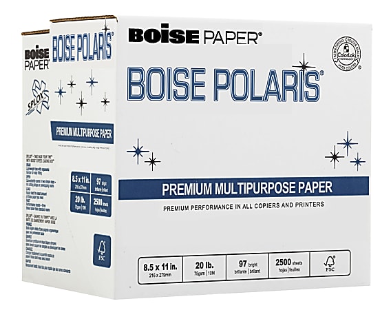 Boise® SPLOX® Speed-Loading Reamless Copy Paper, White, Letter (8.5" x 11"), 2500 Sheets Per Case, 20 Lb, 97 Brightness, FSC® Certified, Case Of 5 Reams