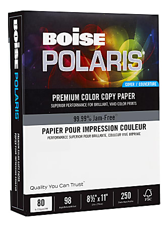 Boise POLARIS® Premium Color Copy Cover Paper, Letter Size (8 1/2" x 11"), 98 (U.S.) Brightness, 80 Lb, FSC® Certified, White, 250 Sheets Per Ream, Case Of 6 Reams