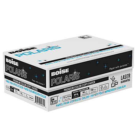 Boise® POLARIS® Premium Color Copy Paper, 3 Reams, White, Ledger (11" x 17"), 750 Sheets Per Case, 80 Lb, 98 Brightness, FSC® Certified