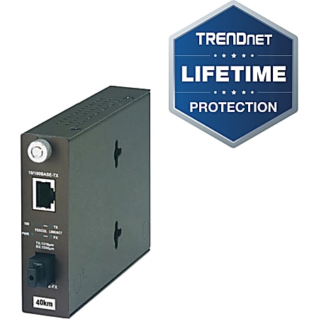 TRENDnet 100Base-TX to 100Base-FX Dual Wavelength Single Mode SC Fiber Media Converter TX:310nm (40 Km; 24.9 Miles); RJ-45 port; Fiber to Ethernet Converter; Lifetime Protection; TFC-110S40D3