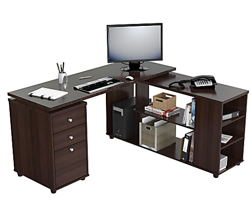 Inval 60"W L-Shaped Corner Desk Computer Workstation, Espresso-Wengue