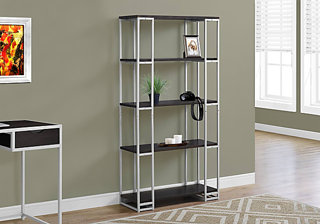 Monarch Specialties 62"H 4-Shelf Contemporary Metal Bookcase, Cappuccino/Silver