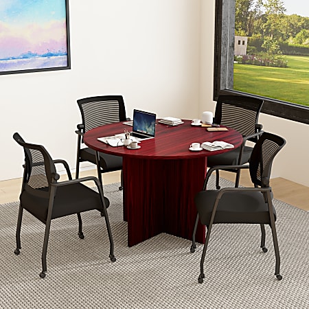 Boss Office Products 42" Round Table And Mesh Guest Chairs With Casters Set, Mahogany/Black
