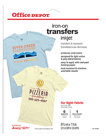 Office Depot® Light Fabric Inkjet Iron-On Transfers, Letter Size (8 1/2" x 11"), Pack Of 6