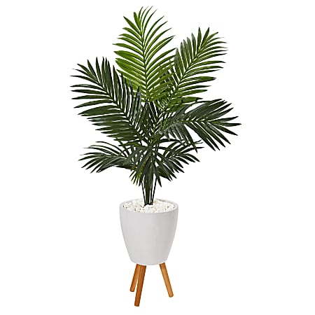 Nearly Natural Paradise Palm 61”H Artificial Plant With Stand Planter, 61”H x 46”W x 44”D, Green/White