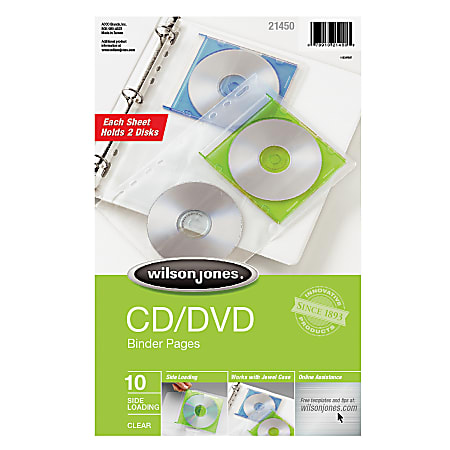 Wilson Jones® CD/DVD Sheet Protector Pages, Super-Heavyweight, Side Opening, Clear, Pack Of 10