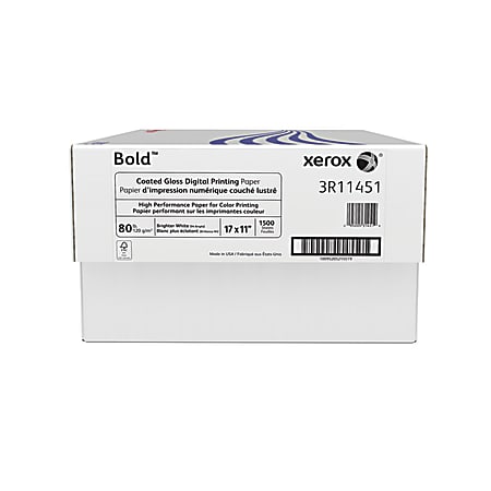 Xerox® Bold Digital™ Coated Gloss Printing Paper, Ledger (11" x 17"), 94 Brightness, 80 Lb, FSC® Certified, White, 500 Sheets Per Ream, 3 Reams