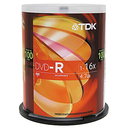 TDK DVD-R Recordable Media Spindle, 4.7GB/120 Minutes, Pack Of 100