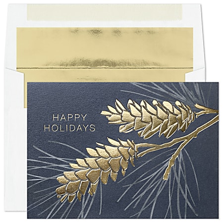 Custom Foil-Embellished Holiday Greeting Cards With Foil-Lined Envelopes, 7-7/8" x 5-5/8", Seasonal Spirit/Gold-Lined Envelopes, Box Of 25