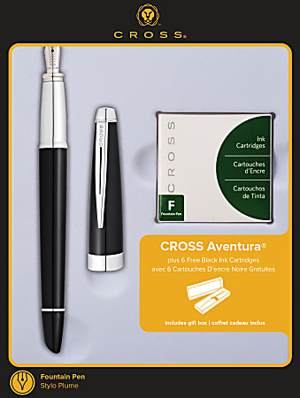 Cross® Aventura Fountain Pen, Medium Point, 0.43 mm, Black/Chrome Barrel, Black Ink