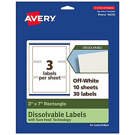 Avery® Print-to-the-Edge Dissolvable Labels With Sure Feed® Technology, 94250-DWMP10, Rectangle, 3"x7", Matte Off-White, Pack Of 30