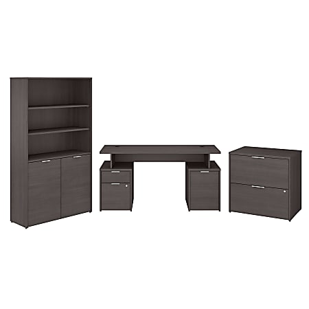Bush Business Furniture Jamestown 60"W Desk With Storage, File Cabinets And 5-Shelf Bookcase, Storm Gray, Standard Delivery