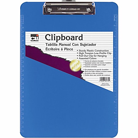 CLI Rubber Grip Plastic Clipboards - 8 1/2" x 11" - Plastic - Neon Blue - 1 Each