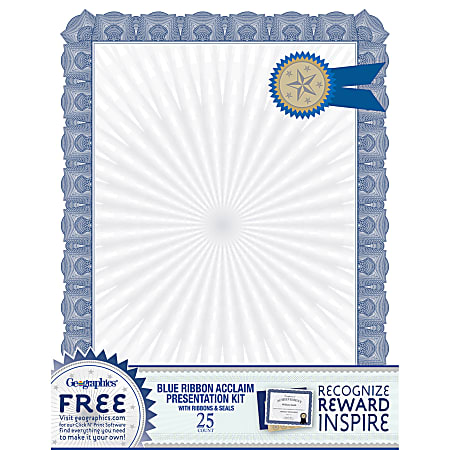 Geographics Certificates, 8-1/2" x 11", Blue Ribbon Acclaim, Pack Of 25