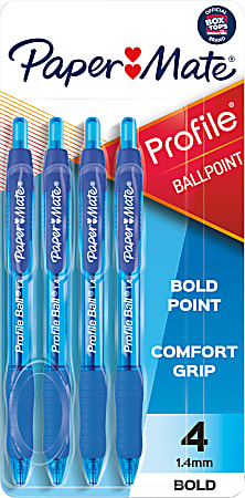 Paper Mate® Profile™ Retractable Ballpoint Pens, Bold Point, 1.4 mm, Translucent Barrel, Blue Ink, Pack Of 4