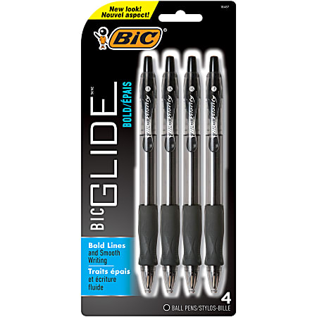 BIC Glide Bold Retractable Ballpoint Pens, Bold Point, 1.6 mm, Translucent Barrel, Black Ink, Pack Of 4 Pens