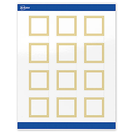 Avery® Print-To-The-Edge Labels & Sure Feed®, S00-DHT-PRWGP10, 2" x 2", Glossy White, Preprinted Multi-Lined Gold Border Design, Pack Of 120